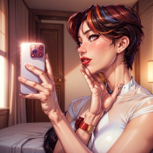 Side view, girl taking selfie, short multicolored hair, fair skin, beautiful symmetrical face, glossy picture, red lips, beautiful eyes, model, rosy cheeks, long slender fingers, looking at viewer, perfect quality, perfect proportions, brilliant lighting, hand under chin