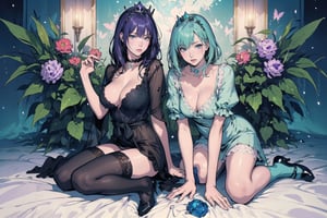 2girls,(best quality, masterpiece, illustration, designer, lighting), (extremely detailed CG 8k wallpaper unit), (detailed and expressive violet eyes),violet eyes, detailed particles, beautiful lighting, a cute girl, long turquoise green hair, wearing a teddy bear tiara, donning a beautiful black dress with ruffles and lace, sheer stockings, transparent amber crystal shoes, bows around her waist (Alice in Wonderland), butterflies and birds around, (Pixiv anime style), (Wit studios), (Takehiko Inoue style), (manga style), (CamelliaMix - V3), full_body,2girls,choker,big breast,