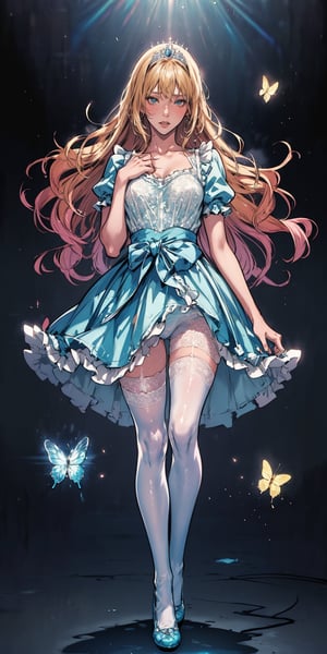 (best quality, masterpiece, illustration, designer, lighting), (extremely detailed CG 8k wallpaper unit), (detailed and expressive eyes), detailed particles, beautiful lighting, a cute girl, long blonde hair, wearing a teddy bear tiara, donning a beautiful blue and white dress with ruffles and lace, sheer pink stockings, transparent aquamarine crystal shoes, bows around her waist (Alice in Wonderland), butterflies around, (Pixiv anime style), (Wit studios), (Takehiko Inoue style), (manga style), (CamelliaMix - V3), full_body.