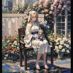 (masterpiece, best quality), (snapshot, blur, depth of field), highres,(full body),(fashionable and stylish babydoll, cute and pretty anime doll), glossy and shiny skin,1girl, solo, priest wearing white robe, (Impressionism:1.4), (Vincent van Gogh), flowers, oil painting, garden