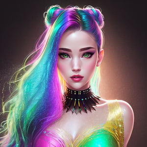 rainbow hair, wearing metallic iridescent dress, young ([Jennifer Lawrence|Emma Watson]:0.9) round cute face, sexy, green eyes, detailed clothes, skinny, shinny glossy skin, subsurface scattering, (gothic:0.8), double bun, bangs, frills, skirt, [(colorful explosion psychedelic paint colors:1.21)::0.2], (boorish:0.7), (darkness:1.1), cyberpunk, award winning photo, extremely detailed, amazing, fine detail, absurdres, nikon d850 film stock photograph kodak portra 400 camera f1.6 lens rich colors hyper realistic lifelike texture dramatic lighting unrealengine trending on artstation cinestill 800 tungsten, Style-Neeko