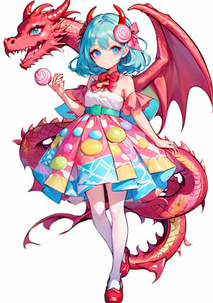 (beautiful design), dragon girl, candy theme, full body, shoes, 1girl, vtuber, front facing, cute face, standing, white background, a pose, looking at viewer, friendly anime, arms to sides, simple background, adoptable,