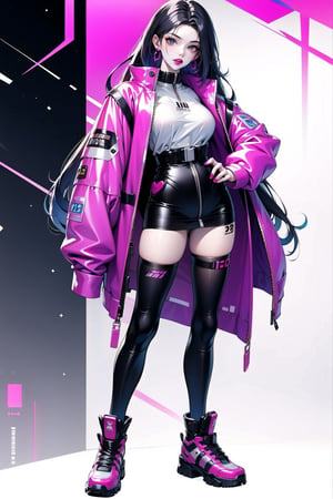 cyberpunk, jacket, long hair, 1girl, 19 years old, mature, lipstick, full_body, pose, waist, shoes, cute, earrings, colorful hair,
