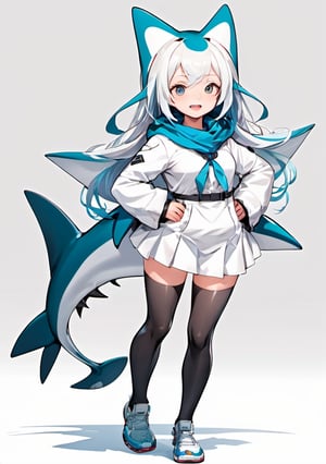 shark girl, shark theme, full body, shoes, 1girl, vtuber, front facing, cute face, standing, white background, a pose, looking at viewer, friendly anime, arms to sides, 