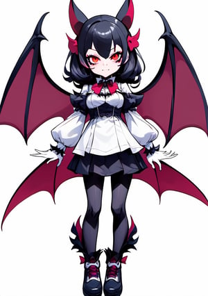 bat girl, vampire theme, full body, shoes, 1girl, vtuber, front facing, cute face, standing, white background, a pose, looking at viewer, friendly anime, arms to sides, 