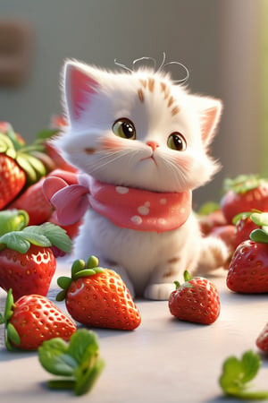 3D style,(masterpiece, best_quality, ultra-detailed:1.3), epic, illustration, welcoming,3d render, cat, cute, strawberries