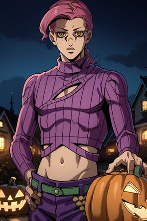 doppio, 1boy, score_9, score_8, score_7_up, solo, pectorals, midriff, navel, doppio_top, doppio_pants,standing, holding pumpkin, huge pumpkin, holding,  portrait, halloween_2020, halloween, halloween_2019, anime screenshot, source_anime, looking at viewer