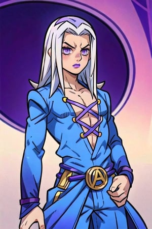 (masterpiece), male, abbacchio, solo, white hair, purple eyes, 1boy, pectoral cleavage, long coat, belt, soft shading, abbacchio, lipstick, purple lips