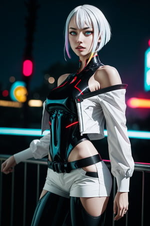 masterpiece, (photorealistic:1.4), best quality, beautiful lighting, (ulzzang-6500:0.5), lucy \(cyberpunk\), 1girl, white hair, against railing, arm rest, bangs, bare shoulders, belt, black belt, black leotard, black pants, blurry, bob cut, breasts, building, cityscape, clothing cutout, (cropped jacket), cyberpunk, depth of field, from side, gradient eyes, grey eyes, grey hair, white jacket, leotard, lips, long sleeves, looking afar, looking ahead, (mechanical parts), medium breasts, multicolored eyes, multicolored hair, night, night sky, off shoulder, open clothes, open jacket, outdoors, pants, parted lips, railing, red eyeliner, science fiction, short hair with long locks, short shorts, shorts, sidelocks, sky, solo, standing, teeth, thigh cutout, upper teeth only, white jacket, white shorts, cyberpunk \(series\), cyberpunk edgerunners, RAW photo, 8k uhd, film grain, cosplay, white wig, night, neon lights,,,, 