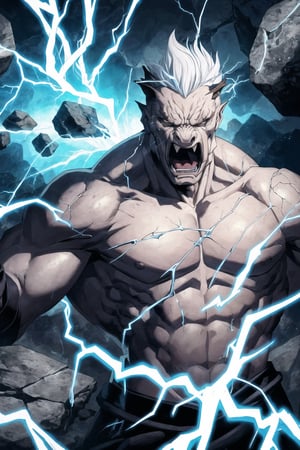 black humanoid made of rock, upper body, barechested, male, ((masterpiece, best quality)), cracked skin, white electricity coming through cracks, muscular male, (dragonborn:0.6), white hair outdoors, detailed background ,dragonborn, ((RAGE)), ((cracked skin))