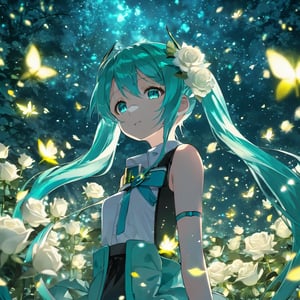 face focus, masterpiece, best quality, 1girl, hatsune miku, white roses, petals, night background, fireflies, light particle, solo, aqua hair with twin tails, aqua eyes, standing, pixiv, depth of field, cinematic composition, best lighting, looking up