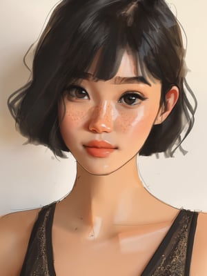 art by Sam Yang of a beautiful age 18 girl, short black hair, freckles, sexy, beautiful,  dslr, 8k, 4k, natural skin, textured skin