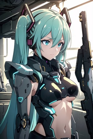 cgmech, beautiful eyes, upper body, underboob, portrait, robot, armor, Hatsune Miku, neon light, 8K, RAW, best quality, masterpiece, ultra high res, colorful, (medium wide shot), (dynamic perspective), sharp focus , (depth of field, bokeh:1.3), extremely detailed eyes and face, beautiful detailed eyes,large breasts,(black gold, trimmed gear:1.2),(In a futuristic weapons factory:1.2), ((masterpiece, best quality)), Detailed background, spaceship interior 