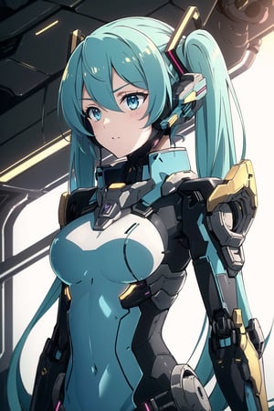 cgmech, beautiful eyes, upper body, underboob, portrait, robot, armor, Hatsune Miku, neon light, 8K, RAW, best quality, masterpiece, ultra high res, colorful, (medium wide shot), (dynamic perspective), sharp focus , (depth of field, bokeh:1.3), extremely detailed eyes and face, beautiful detailed eyes,large breasts,(black gold, trimmed gear:1.2),(In a futuristic weapons factory:1.2), ((masterpiece, best quality)), Detailed background, spaceship interior 