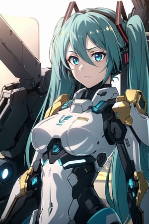 cgmech, beautiful eyes, upper body, underboob, portrait, robot, armor, Hatsune Miku, neon light, 8K, RAW, best quality, masterpiece, ultra high res, colorful, (medium wide shot), (dynamic perspective), sharp focus , (depth of field, bokeh:1.3), extremely detailed eyes and face, beautiful detailed eyes,large breasts,(black gold, trimmed gear:1.2),(In a futuristic weapons factory:1.2), ((masterpiece, best quality)), Detailed background, spaceship interior 