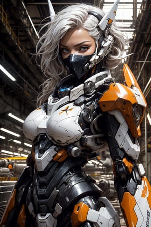 mecha musume, face mask, upper body, underboob, portrait, robot,white orange armor, white shimmering hair, neon light, 8K, RAW, best quality, masterpiece, ultra high res, colorful, (medium wide shot), (dynamic perspective), sharp focus ,depth of field, extremely detailed eyes and face, beautiful detailed eyes,large breasts,(black gold, trimmed gear:1.2),(In a futuristic weapons factory:1.2), ((masterpiece, best quality)), Detailed background, spaceship interior