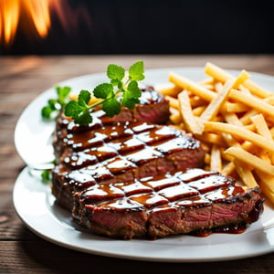 photo of a steak, depth blur,  dslr, 8k, 4k, realistic, shallow depth of field, vignette, highly detailed, high budget Hollywood movie, bokeh, cinemascope, moody, epic, gorgeous, film grain, grainy