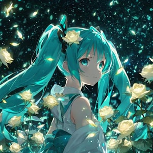 face focus, masterpiece, best quality, 1girl, hatsune miku, white roses, petals, night background, fireflies, light particle, solo, aqua hair with twin tails, aqua eyes, standing, pixiv, depth of field, cinematic composition, best lighting, looking up