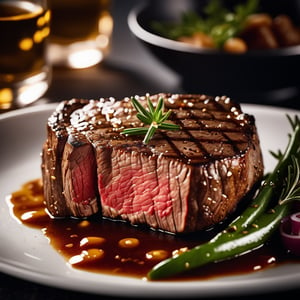 photo of a steak, depth blur,  dslr, 8k, 4k, realistic, shallow depth of field, vignette, highly detailed, high budget Hollywood movie, bokeh, cinemascope, moody, epic, gorgeous, film grain, grainy