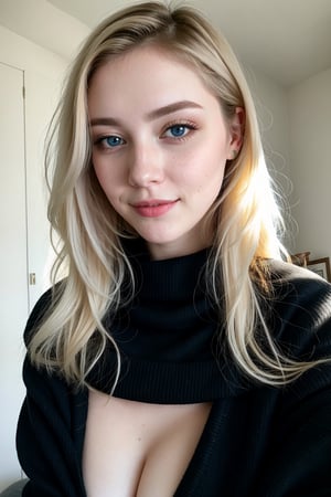 instagram photo, closeup face photo of 23 y.o Chloe in black sweater, cleavage, pale skin, (smile:0.4), hard shadows, blue eyes