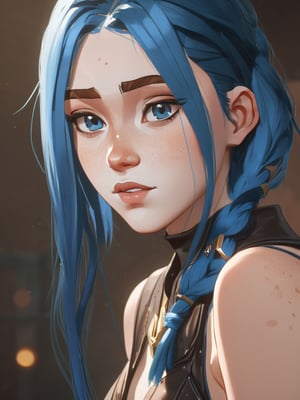 beautiful age 18 girl, arcane, blue hair, freckles, sexy, beautiful,  dslr, 8k, 4k, natural skin, textured skin,