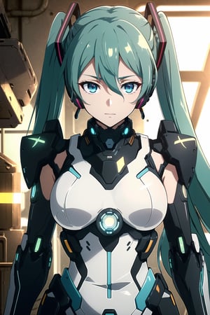 cgmech, beautiful eyes, upper body, underboob, portrait, robot, armor, Hatsune Miku, neon light, 8K, RAW, best quality, masterpiece, ultra high res, colorful, (medium wide shot), (dynamic perspective), sharp focus , (depth of field, bokeh:1.3), extremely detailed eyes and face, beautiful detailed eyes,large breasts,(black gold, trimmed gear:1.2),(In a futuristic weapons factory:1.2), ((masterpiece, best quality)), Detailed background, spaceship interior 