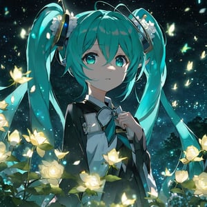 face focus, masterpiece, best quality, 1girl, hatsune miku, white roses, petals, night background, fireflies, light particle, solo, aqua hair with twin tails, aqua eyes, standing, pixiv, depth of field, cinematic composition, best lighting, looking up