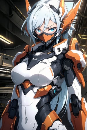 mecha musume, face mask, upper body, underboob, portrait, robot,white orange armor, white shimmering hair, neon light, 8K, RAW, best quality, masterpiece, ultra high res, colorful, (medium wide shot), (dynamic perspective), sharp focus ,depth of field, extremely detailed eyes and face, beautiful detailed eyes,large breasts,(black gold, trimmed gear:1.2),(In a futuristic weapons factory:1.2), ((masterpiece, best quality)), Detailed background, spaceship interior