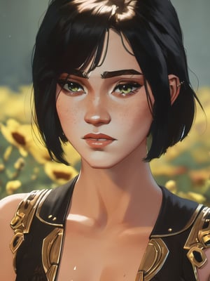 beautiful age 18 girl, arcane, short black hair, freckles, sexy, beautiful,  dslr, 8k, 4k, natural skin, textured skin,arcane