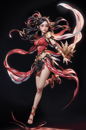 3DMM,DUNHUANG,(masterpiece, best quality:1.3),1girl,weapon,long hair,black hair,white background,solo,arm guards,looking at viewer,black eyes,tabi,floating hair,full body,blood on face,red armor,fractal art,abstract background,ink wash painting,
