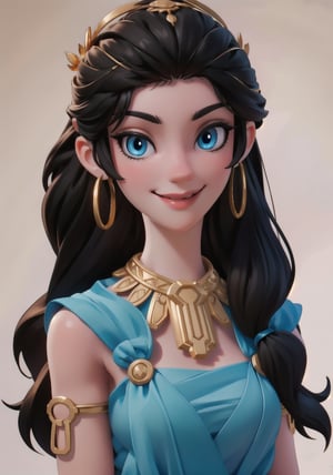 3dcute,1girl toy, masterpiece, best quality, long black hair, Qi bangs,blue eyes,light smile,Neck ring,gradient background,(huge breasts:0.5), white background,  Gold jewelry, blue_dress, closed_mouth, bangle, looking_at_viewer, upper_body, necklace, earrings,3DMM,photorealistic,analog,realism
