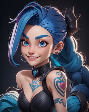 (masterpiece:1.5), (best quality:1.5), highres, highly detailed,3dmm,1girl, solo, jinx (league of legends), braid, long hair, tattoo, blue hair, bangs, asymmetrical bangs, smile, vi (league of legends), jewelry, small breasts, black background, upper body, shoulder tattoo, twin braids, artist name, blue eyes, piercing, pink hair, earrings, closed mouth, breasts, arm tattoo, web address,3DMM