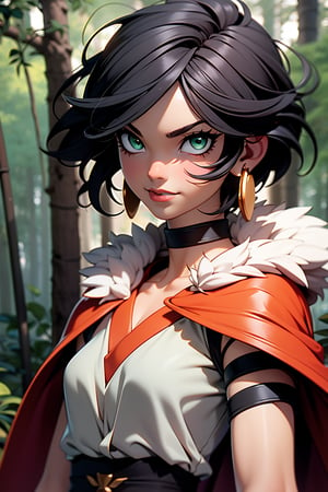 mj3d style,3dmm,3d,(masterpiece, best quality:1.1), ghibli style, san \(mononoke hime\), 1girl, armlet, bangs, black hair, black undershirt, breasts, cape, circlet, earrings, facepaint, floating hair, forest, fur cape, green eyes, jewelry, looking at viewer, medium breasts, nature, necklace, outdoors, parted bangs, shirt, short hair, sleeveless, sleeveless shirt, solo, tooth necklace, tree, upper body, white shirt ,photorealistic,analog,realism
