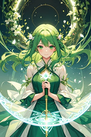 1girl, green hair, multicolored hair,wines in hair,green eyes,floating flowers ,light smile,dryad staff in hand,green magic circle,green forest dress, sidelighting, light particles, wallpaper, abstract, random colors