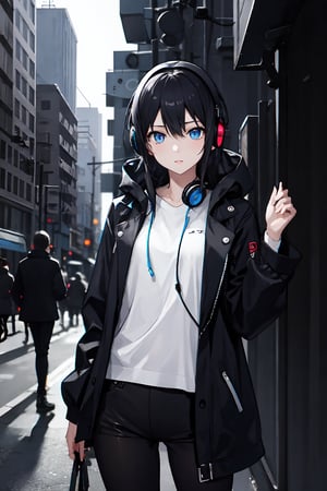 absurdres, best quality,1girl, solo, standing, eye focus, blue eyes, street, night, black theme, (from side:0.5), looking at viewer, headphones,(expressionless:0.5)