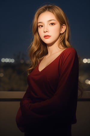 highres, masterpiece, perfect ligthing, bloom, night, cinematic lighting, adult, perfect skin, female, ((looking at viewer:1.2)), portrait, breasts squeezed together with hands, 1 piece dress, red lips,realistic, (photorealistic),slim, medium breasts