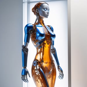 A beautiful robotic woman made out of chrome infused sandstone, translucent chassis reveals inner workings, thin translucent dress, expression of extreme sadness, pure white background, wearing a thin blue translucent nightgown,dark amber dusk, backlit.