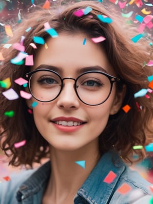 ~*~Photographic~*~ RAW closeup of woman with glasses, everything ok, sparks, colorful confetti, cloudy day BREAK 😎👌✨🎊⛅