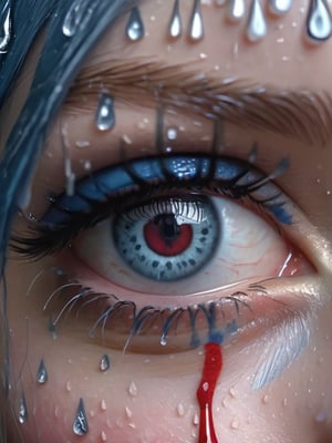 (Hyper realistic), A young girl an the rain, Close up eye, metallic silver-blue emo hair, emo makeup , wet, smeared makeup, detailed face, realistic Hair, raindrops in face, tears drops ,red shy rough, (freckles) , eye reflection, (masterpiece), (extremely intricate:1), (realistic), 8k, 4k, hd , ( Photo Realistic )