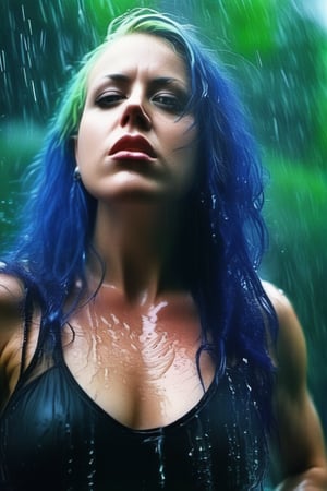 AlissaWhiteGluzQuiron woman in the rain, messy (wet:0.7) hair, intense expression, piercing gaze, (glistening wet skin:0.9), athletic pose, (nikon f4, 50mm f1.2, Fujichrome Velvia 50, bokeh), (ominous jungle , ambient light, volumetric light, god rays:1.2), (big  breasts), wearing (wet:0.8) (sexy bdsm outfit), (camera focused on eyes:1.1),