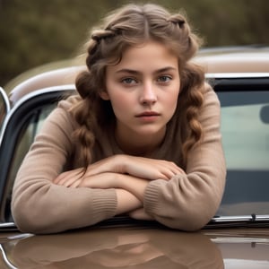 an award winning photo of an interesting woman sitting on the back of a car and standing on the front seat, The girl's face and face are both delicate and delicate and their hair is short and short and frizzy hair and braid light brown hair, The girl's skin is oily and oily and is covered with oily