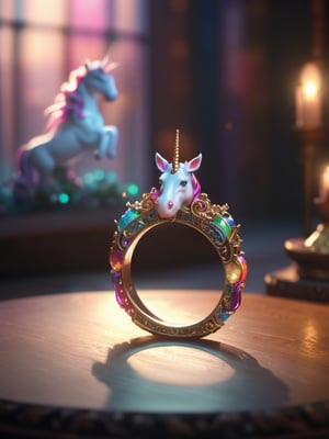 (colorful magic), magical unicorn ring, focus on a ring ,(intricate details), (hyperdetailed), 16k hdr, high detailed, lot of details, high quality, soft cinematic light, dramatic atmosphere, atmospheric perspective