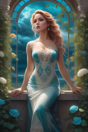 breathtaking, AlissaWhiteGluzQuiron woman,, award-winning, professional, highly detailed,
(Extremely Detailed Oil Painting:1.2), octane render, atmospheric 4k ultra detailed, movie still, big depth of field, Masterpiece, colors, "garden of time and space, trending on artstation, dreamy" , a woman with painted tattoos of landscapes, stained glass window with flowers and ivy vines behind her, realistic stormy clouds in the background , sunset, wearing white and teal lace dress, fantasy art, sci fi art, hyperrealistic, Vivid colors, High Detail, dramatic, absurdes,
