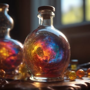 Dappled Light, photo , the entire observable universe in a single bottle, Dreamlike ,Surreal landscapes, Mystical creatures, Twisted reality, Surreal still life, (Extremely Detailed Oil Painting:1.2), glow effects, godrays, Hand drawn, render, 8k, octane render, cinema 4d, blender, dark, atmospheric 4k ultra detailed, cinematic sensual, Sharp focus, humorous illustration, big depth of field, Masterpiece, colors, 3d octane render, 4k, concept art, trending on artstation, hyperrealistic, Vivid colors, extremely detailed CG unity 8k wallpaper, trending on ArtStation, trending on CGSociety, Intricate, High Detail, dramatic, (masterpiece),(best quality),(ultra-detailed),(unrealengine)(octanerender)(HDR),,  dreamy magical atmosphere, (skin texture), (film grain), (warm hue, warm tone),  cinematic light, side lighting,