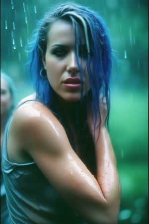 AlissaWhiteGluzQuiron woman in the rain, messy (wet:0.7) hair, intense expression, piercing gaze, (glistening wet skin:0.9), athletic pose, (nikon f4, 50mm f1.2, Fujichrome Velvia 50, bokeh), (ominous jungle , ambient light, volumetric light, god rays:1.2), (big  breasts), wearing (wet:0.8) (sexy bdsm outfit), (camera focused on eyes:1.1),