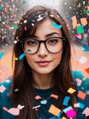 Photographic RAW closeup of woman with glasses, everything ok, sparks, colorful confetti, cloudy day BREAK 😎👌✨🎊⛅