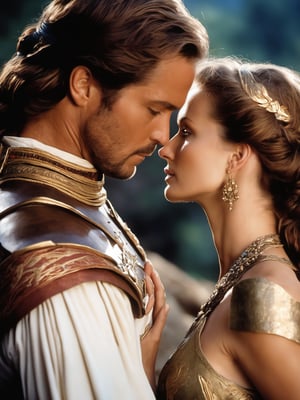 Craft a visually stunning epic movie scene featuring SilviaSaintQuiron woman and a romantic partner in the midst of a grand battle. Amidst the chaos, they find a quiet moment of connection, embodying the idea of love in challenging times. Milla's regal attire contrasts with her partner's rugged warrior garb. Their eyes meet amidst the intensity, conveying a deep bond. The camera, equipped with an 135mm telephoto lens, captures this poignant moment with a tender long shot. Utilize dynamic lighting to emphasize the emotional resonance of their connection. Render this scene with exceptional detail, ensuring their expressions and the surrounding battle are vividly depicted, film still, movie still