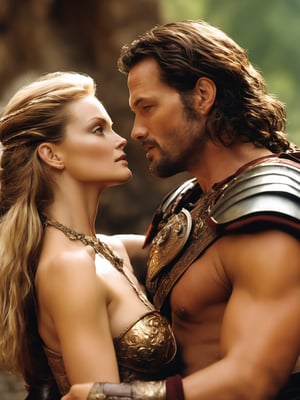 Craft a visually stunning epic movie scene featuring SilviaSaintQuiron woman and a romantic partner in the midst of a grand battle. Amidst the chaos, they find a quiet moment of connection, embodying the idea of love in challenging times. Milla's regal attire contrasts with her partner's rugged warrior garb. Their eyes meet amidst the intensity, conveying a deep bond. The camera, equipped with an 135mm telephoto lens, captures this poignant moment with a tender long shot. Utilize dynamic lighting to emphasize the emotional resonance of their connection. Render this scene with exceptional detail, ensuring their expressions and the surrounding battle are vividly depicted, film still, movie still