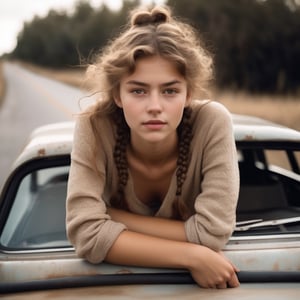 an award winning photo of an interesting woman sitting on the back of a car and standing on the front seat, The girl's face and face are both delicate and delicate and their hair is short and short and frizzy hair and braid light brown hair, The girl's skin is oily and oily and is covered with oily