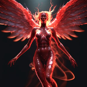 angel from hell, wings of fire:3, made of translucent ghost (red:2), dynamic posture (leaping towards the viewer), sinister look in her eyes, scary, demonic, trippy visuals, bright energy flows throughout her aura,, full body portrait, ultra-realism, chaotic background, hyper-detailed, intricate, infinite ultra-resolution image quality and render, raytracing, subsurface scattering, soft glow, light rays, award winning photography, cinematic film, UHD, HDR, bokeh.